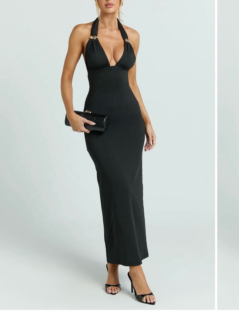 Elegant Black Halter Maxi Dress With Hardware - Classic Evening Gown